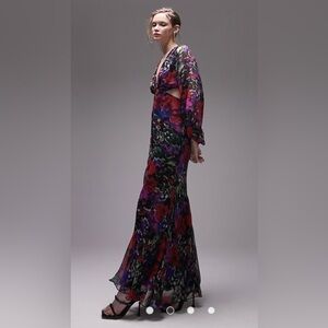 ASOS Topshop NEW Printed Long Sleeve Cut Out Detail Maxi Occasion Dress Multi- 4